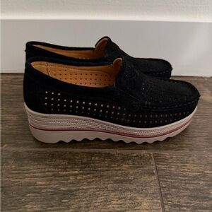 Amazon Black Perforated Platform Slip-On Loafers with Pink Accent